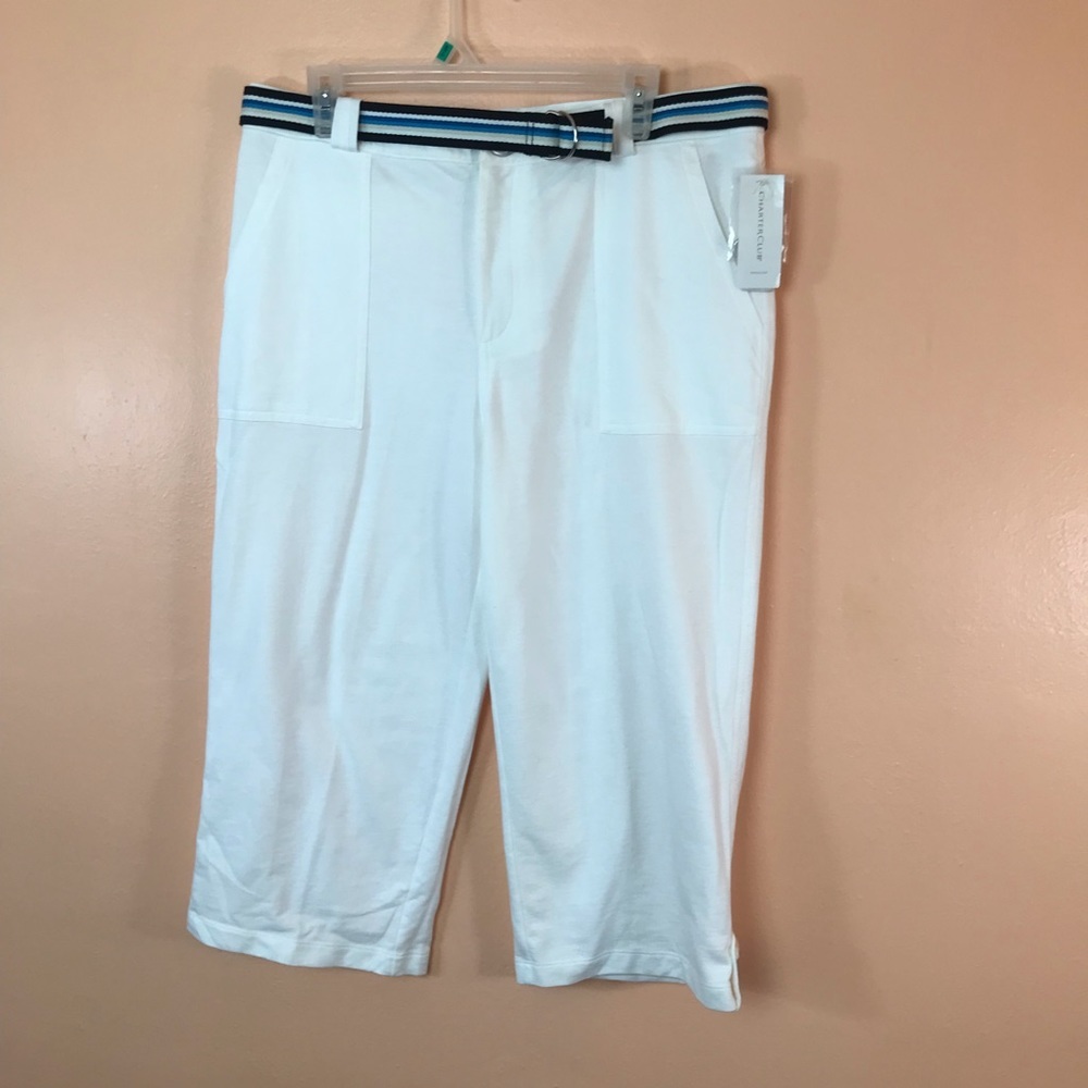 Charter Club Fiji 100% Cotton White Capri Pull On Pants With Belt Women L Flaw
